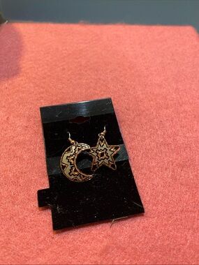 Gold Tone Crescent Moon & Star Dangle Earrings - Women's Jewelry